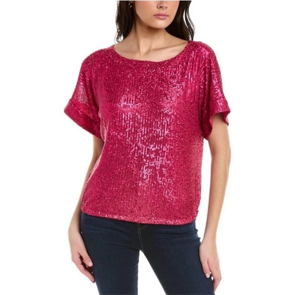 Trina Turk Fuchsia Sequin Short Sleeve Top - Picture 5 of 6